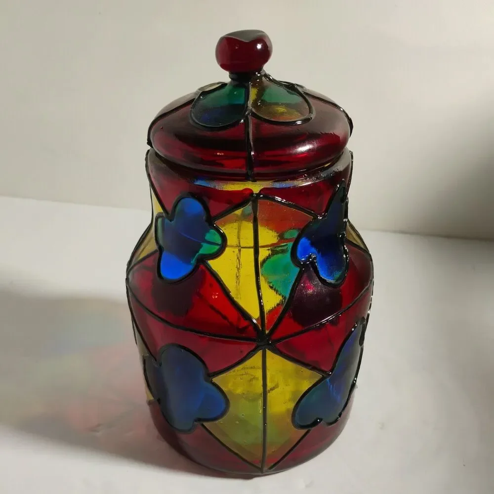Vintage Vidrio  Stained Glass Lidded Jar, 8